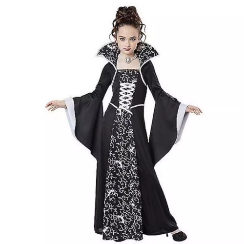 新款歐美中世紀復古系帶立領喇叭袖印花裙兒童連衣裙演出服代