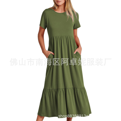 2025新款女裝爆款氣質圓領抽褶純色大擺連衣裙