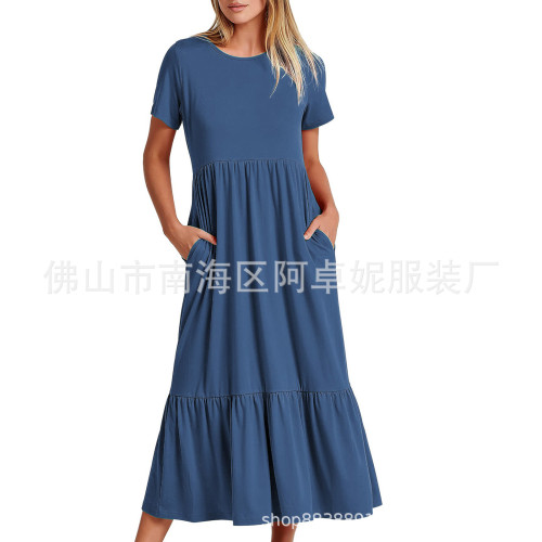  2025新款女裝爆款氣質圓領抽褶純色大擺連衣裙