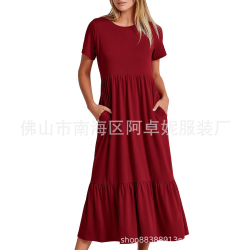  2025新款女裝爆款氣質圓領抽褶純色大擺連衣裙