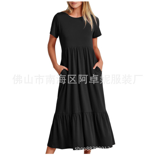  2025新款女裝爆款氣質圓領抽褶純色大擺連衣裙