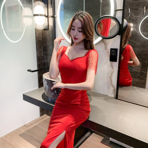 2025春夏季新款女裝性感修身包臀U領低胸露背夜場工服夜店連衣裙