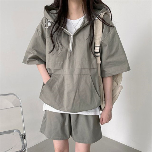 5色 韓版純色時尚休閒短袖短褲連帽套裝女2023夏季新款時尚運動服