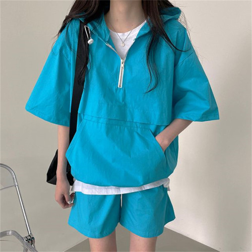 5色 韓版純色時尚休閒短袖短褲連帽套裝女2023夏季新款時尚運動服