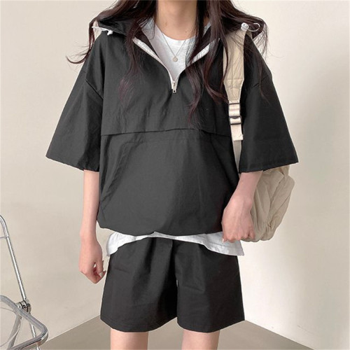 5色 韓版純色時尚休閒短袖短褲連帽套裝女2023夏季新款時尚運動服