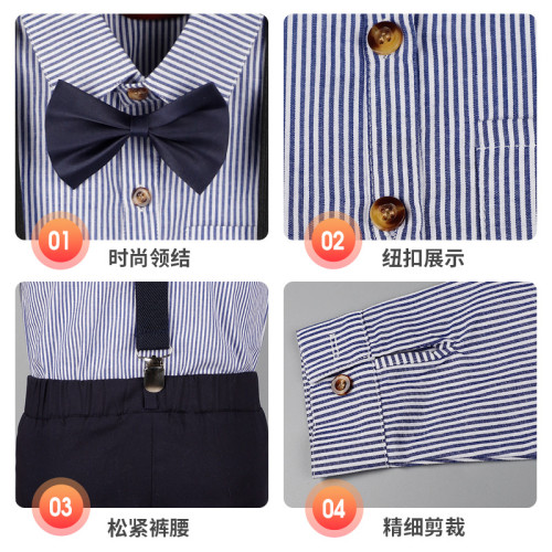 （322背帶褲）會員兒童套裝韓版條紋背帶褲兩件套夏裝男童