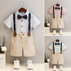兒童禮服春夏新款男童條紋背帶褲兩件套寶寶周嵗生日短袖襯衫套裝