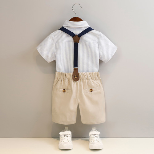 兒童禮服春夏新款男童條紋背帶褲兩件套寶寶周嵗生日短袖襯衫套裝