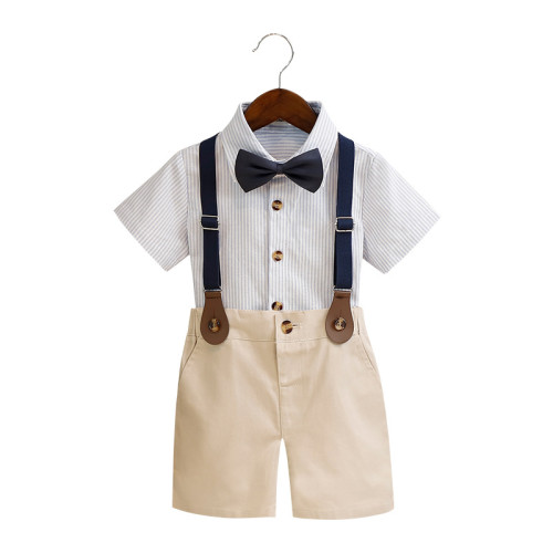 兒童禮服春夏新款男童條紋背帶褲兩件套寶寶周嵗生日短袖襯衫套裝