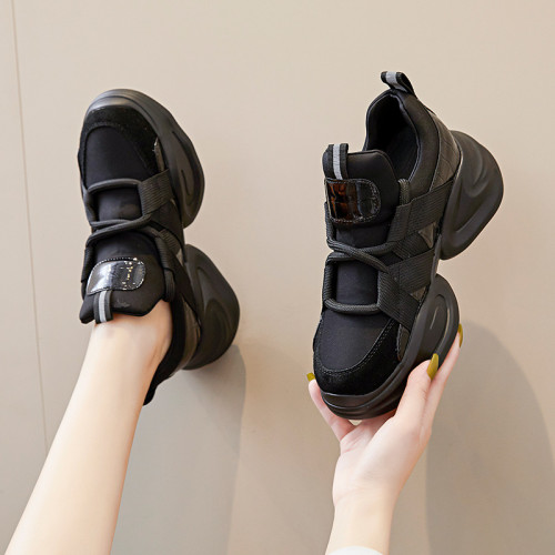 真皮老爹鞋女韓版2025春秋新款黑色厚底內增高ins網紅百搭運動鞋