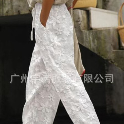 2023歐美獨立站女士優雅綉花棉麻休閒褲