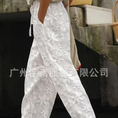 2023歐美獨立站女士優雅綉花棉麻休閒褲