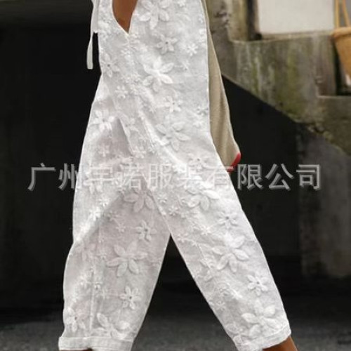 2023歐美獨立站女士優雅綉花棉麻休閒褲