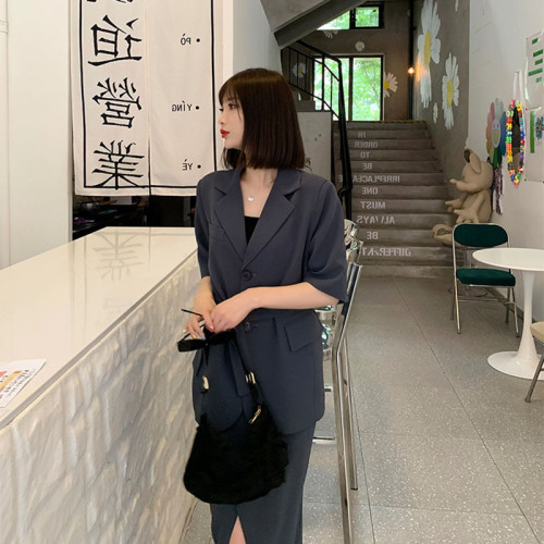 2446大碼女裝薄款短袖西裝套裝女胖mm設計感開叉半身裙兩件套夏裝