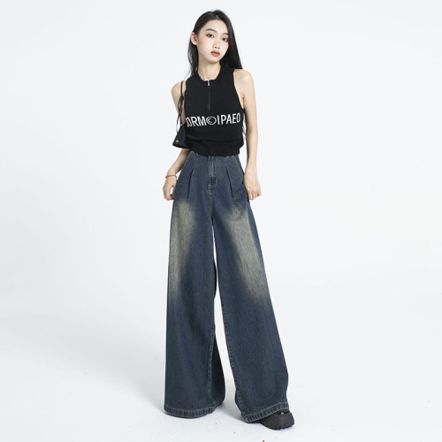 2023春夏新款寬松歐美牛仔裙褲遮肉百搭水洗濶腿牛仔褲象腿大褲腳