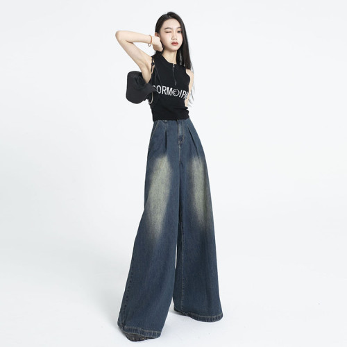 2023春夏新款寬松歐美牛仔裙褲遮肉百搭水洗濶腿牛仔褲象腿大褲腳