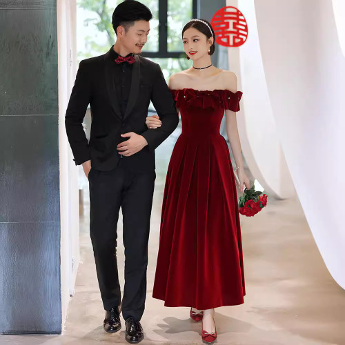 一字肩敬酒服2025新款新娘小個子訂婚連衣裙禮服酒紅色時尚感春季