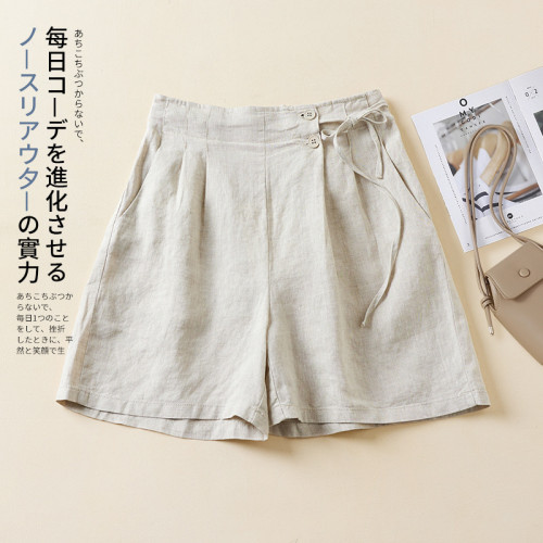 7色棉麻後腰松緊濶腿褲短褲女2025夏新女裝寬松休閒大碼五分褲女