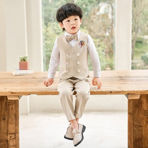 兒童西服2024新款英倫紳士馬甲套裝男童花童婚禮服攝影主持演出服
