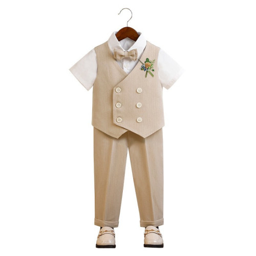 兒童西服2024新款英倫紳士馬甲套裝男童花童婚禮服攝影主持演出服