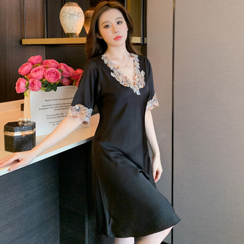 五彩花邊絲綢睡裙家居服女冰絲睡裙夏季網紅連衣裙高貴家居服