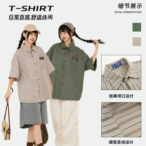 日系文藝條紋短袖襯衫男女復古設計感小衆夏季情侶寬松半袖襯衫