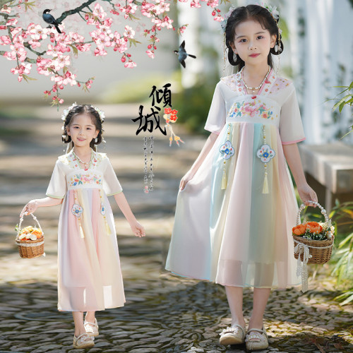 漢服女童古裝女孩超仙風連衣裙夏款兒童古風唐裝秋季女童漢服