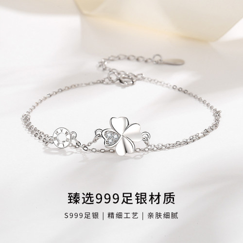 S999純銀四葉草手鏈女韓系小衆高級感輕奢ins風雙層手飾夏520禮物