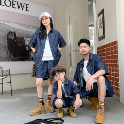 男童套裝2025夏季洋氣中小童寬松休閒親子裝炸街牛仔襯衫兩件套潮