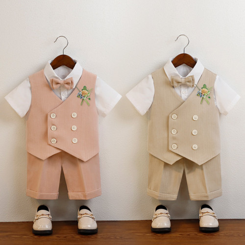 兒童西服套裝短袖襯衫馬甲短褲男童活動演出服生日周嵗花童婚禮服