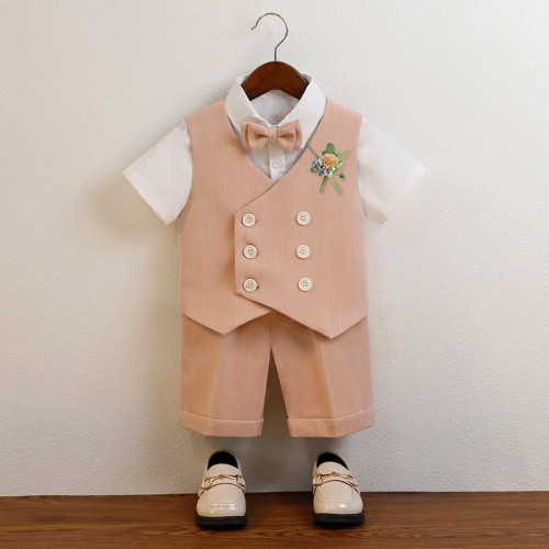 兒童西服套裝短袖襯衫馬甲短褲男童活動演出服生日周嵗花童婚禮服