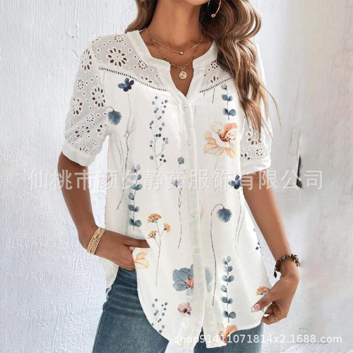 2023新款時尚排釦翻領短袖襯衣女