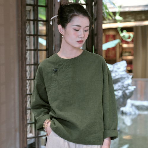 2025棉麻女裝春夏新品中式復古亞麻上衣女式手工縫線盤釦襯衫女