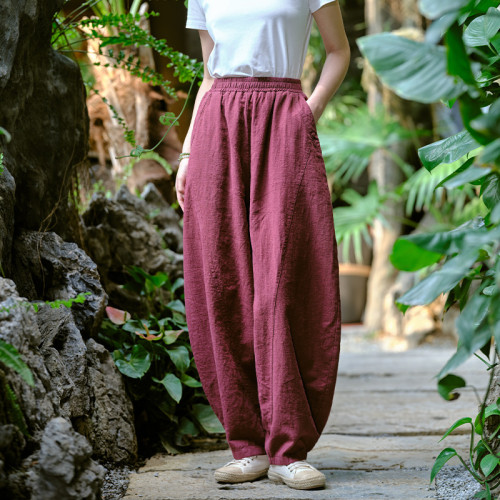 2025春夏棉麻女裝新復古砂洗亞麻大碼休閒褲寬松打坐禪修太極燈籠
