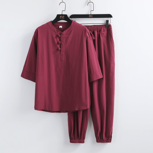 夏季風亞麻短袖套裝男士盤釦半袖唐裝漢服居士服中式棉麻套裝