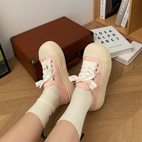 爆款超火厚底帆布鞋女2023新款春秋港風學生輕便小白鞋百搭板鞋子