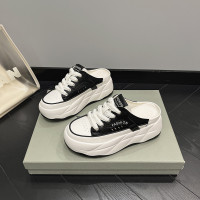 半拖鞋女2023夏季真皮厚底拖鞋百搭包頭拖休閒運動小白鞋米色舒適