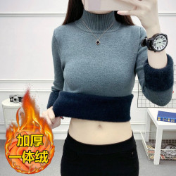 一體羢毛衣女厚2023年新款加羢高領套頭內搭純色打底針織衫批髮
