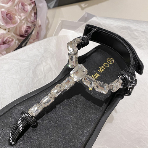 葡萄媽閃閃水鑽~羅馬風平底繩結百搭夾趾外穿人字拖涼鞋女夏季款