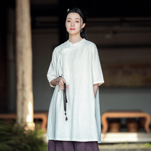 25棉麻女裝新中式立領斜襟系帶國風上衣復古禪意寬松夏季連衣裙女