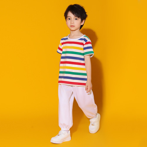 國慶兒童演出服孩子的天空表演服親子裝彩虹條紋T恤幼兒園小學生