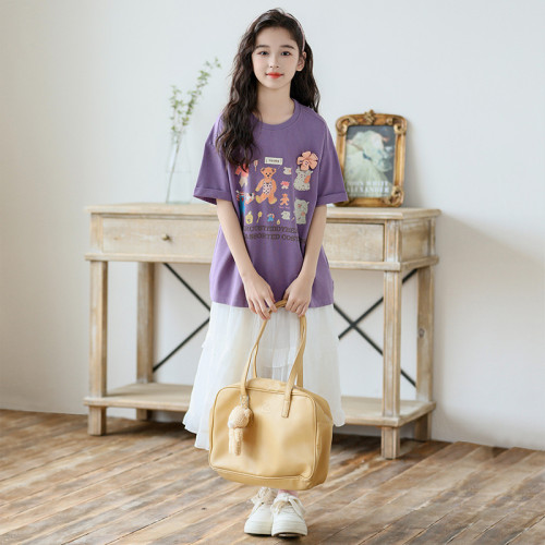 中大童女童半身裙夏季套裝2024新款韓版兒童印花T恤半身裙兩件套