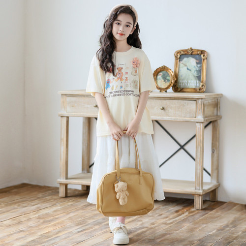 中大童女童半身裙夏季套裝2024新款韓版兒童印花T恤半身裙兩件套
