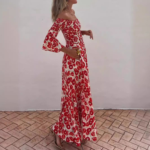 2024獨立站女裝氣質優雅花卉印花褶皺露肩口袋長款連衣裙大擺長裙