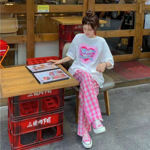 孕婦裝上衣愛心T恤+粉色棋盤格托腹褲孕婦套裝