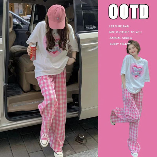孕婦裝上衣愛心T恤+粉色棋盤格托腹褲孕婦套裝