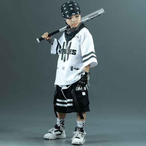 韓國街舞兒童潮服嘻哈套裝男童短袖少兒hiphop演出服爵士舞潮裝夏