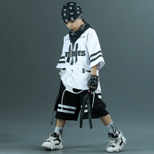 韓國街舞兒童潮服嘻哈套裝男童短袖少兒hiphop演出服爵士舞潮裝夏