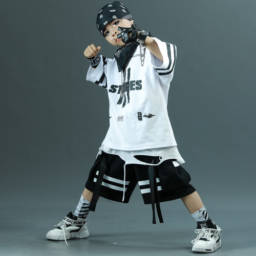 韓國街舞兒童潮服嘻哈套裝男童短袖少兒hiphop演出服爵士舞潮裝夏