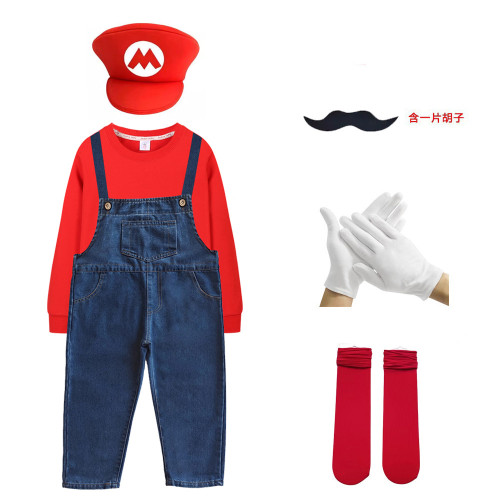 馬裡COSPLAY瑪麗服裝六一表演夏棉短T牛仔背帶褲運動會班服套裝